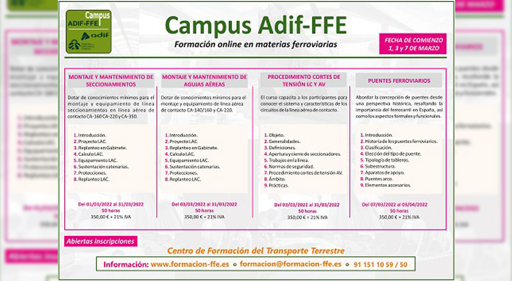 La Fundaci�n lanza una nueva oferta de cursos especializados en el ferrocarril del Campus Adif-FFE
