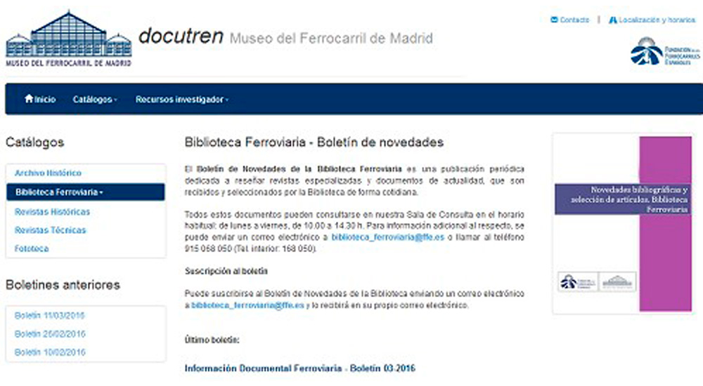 Bolet�n de novedades la Biblioteca Ferroviaria